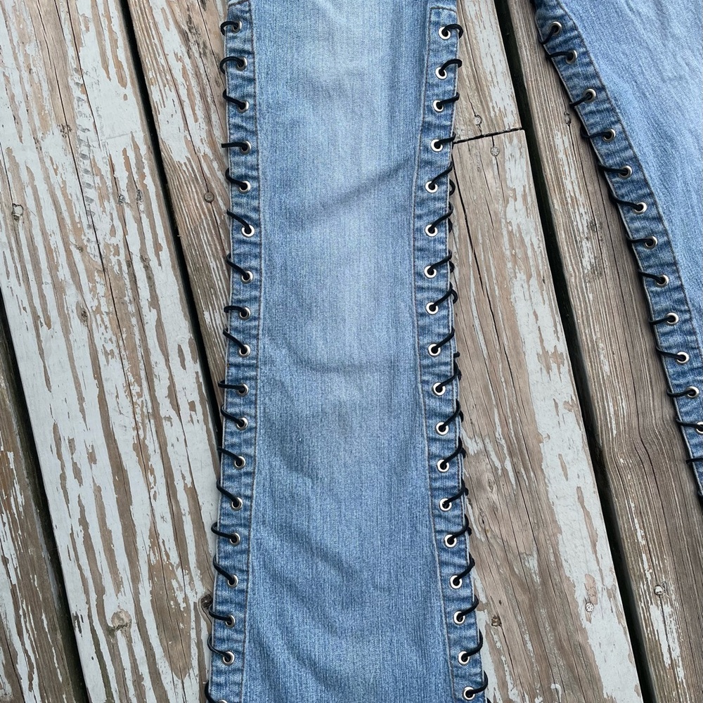 Drop Dead Sexy Lace-Up Flare Jeans in Light Blue - Picture 4 of 7